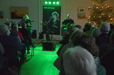 Das Bild zeigt die Band "Fischer und Folk" bei einem vergangenen Auftritt im Ausstellungssaal von Schloss Rochsburg. An den Wänden hängen Malereien und im Hintergrund befindet sich ein geschmückter Weihnachtsbaum. Außerdem ist das Publikum zu sehen.